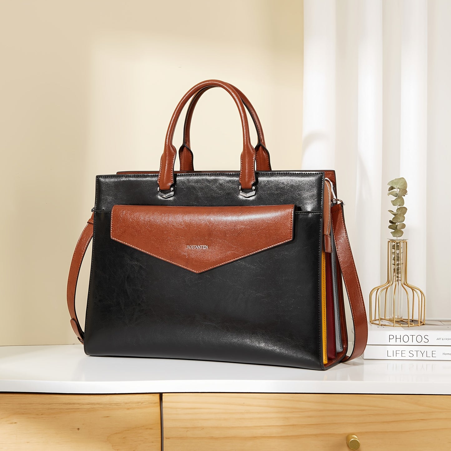 Women's Professional Leather Briefcase Tote Bag for 15.6 Inch Laptop - Work Handbag with Adjustable Shoulder Strap, Button Closure & Contrast Stitching