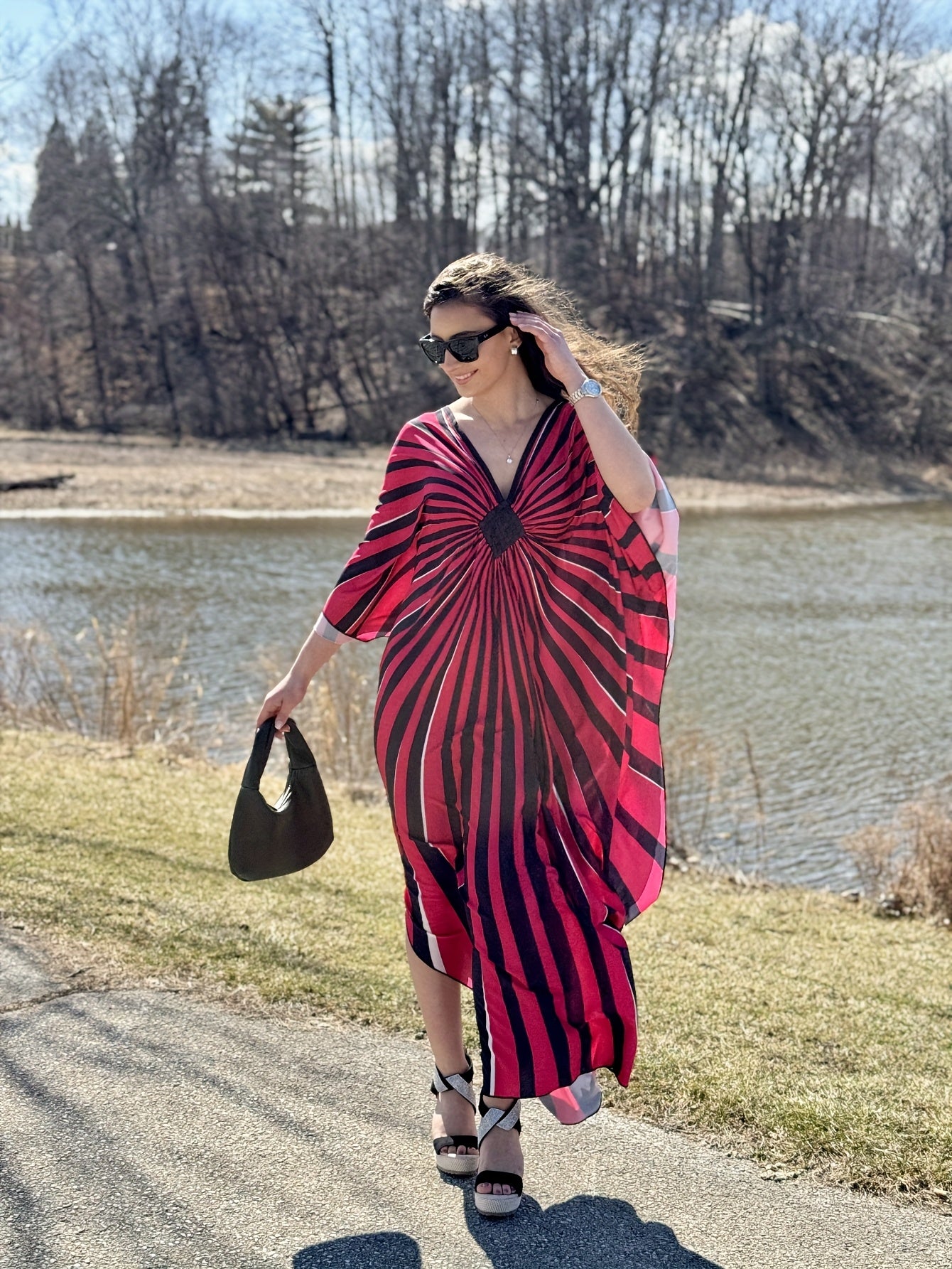 Plus Size - Bohemian Stripe Print Kaftan Dress for Women - V-Neck, Half Sleeve, Long Length, Lightweight Polyester, Perfect for Beach Coverup & Casual Vacation, Plus Size, Spring/Summer/Fall Wear, Beach Dress