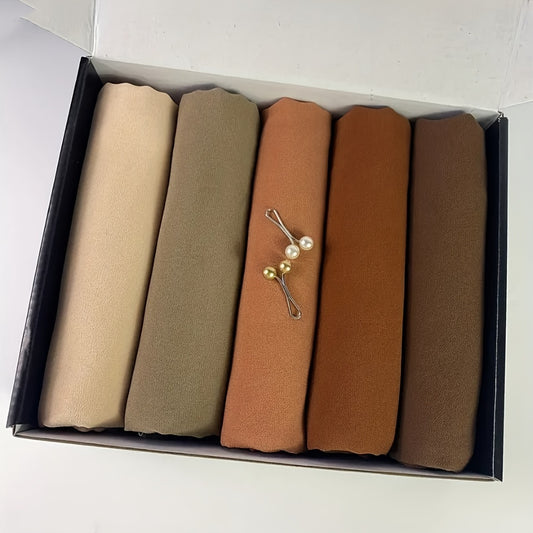 1box Solid Color Chiffon Hijab And Hijab Pins Thin Breathable Sunscreen Scarves (5pcs Minimalist Headscarfs + 2pcs Round Beads Clips), Hijab Set, Modest Fashion, Minimalist Scarf, Elegant Design, Delicate Weave, Lightweight F