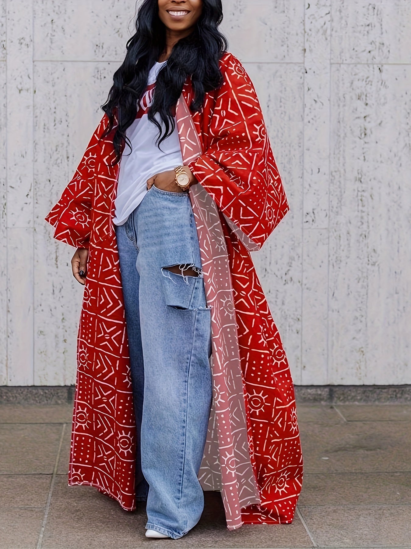 Chic Boho-Inspired Long Kimono Abaya - Loose Fit, Open Front with Full Print Design, Machine Washable - Perfect for Beach Vacations