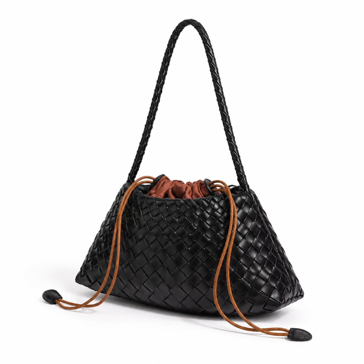 Elegant Black Woven Drawstring Shoulder Bag
