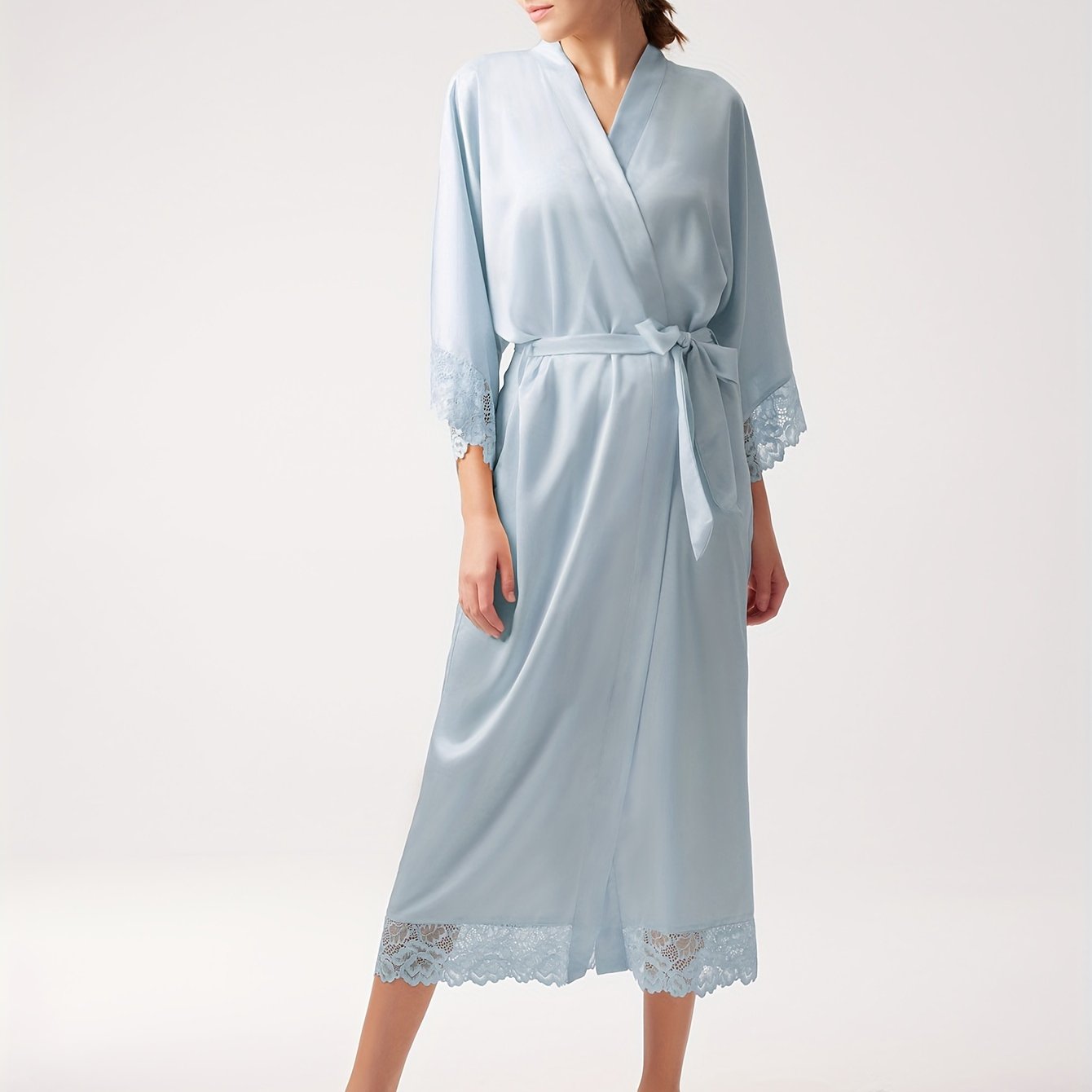 Satin Kimono Robe Long Bridesmaid Wedding Bath Robe With Lace Trim