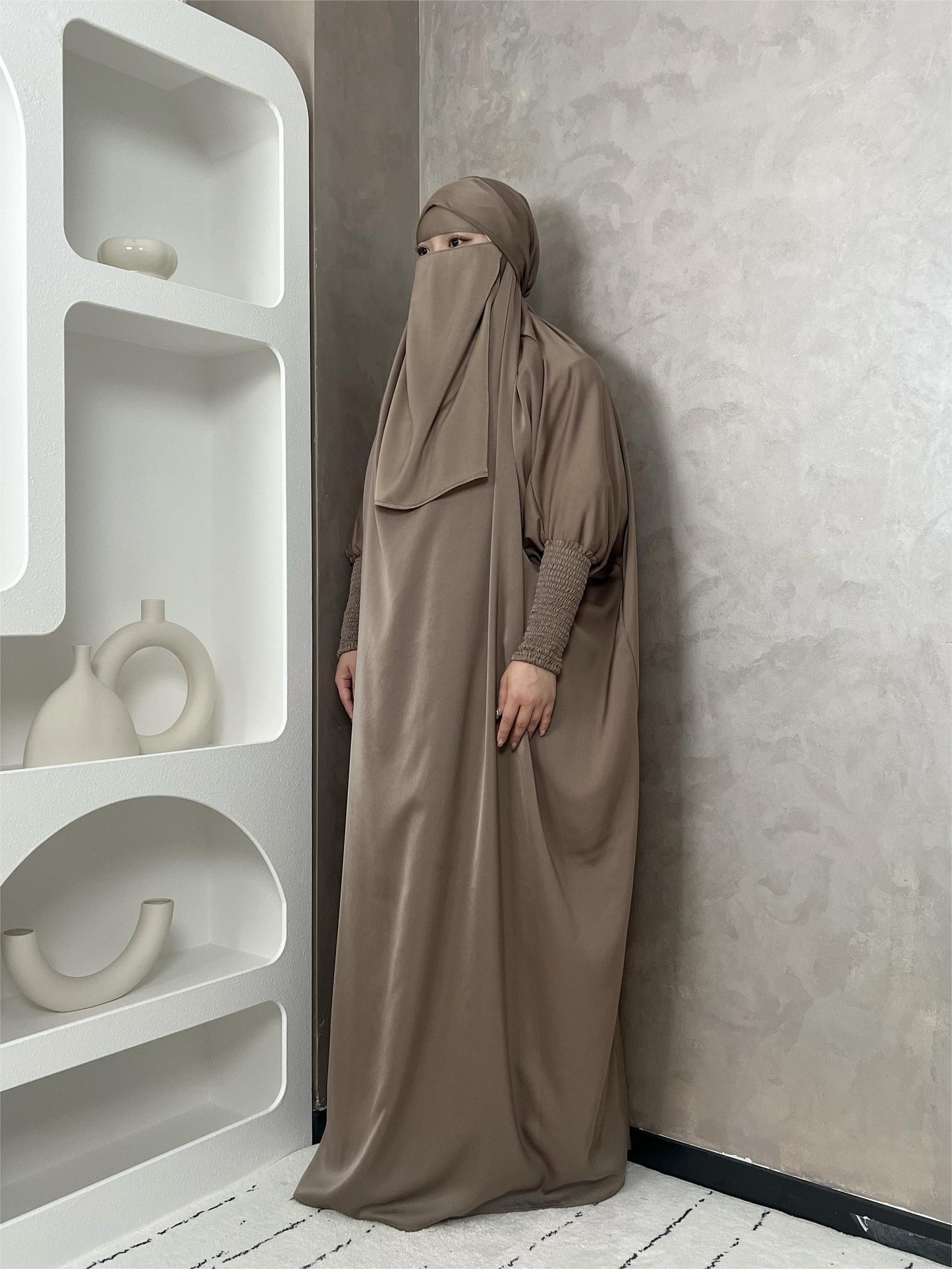 [Satin Modesty Dress] Free Size Satin One Piece Modesty Abaya Burkha - Jilbab Niqab Attached