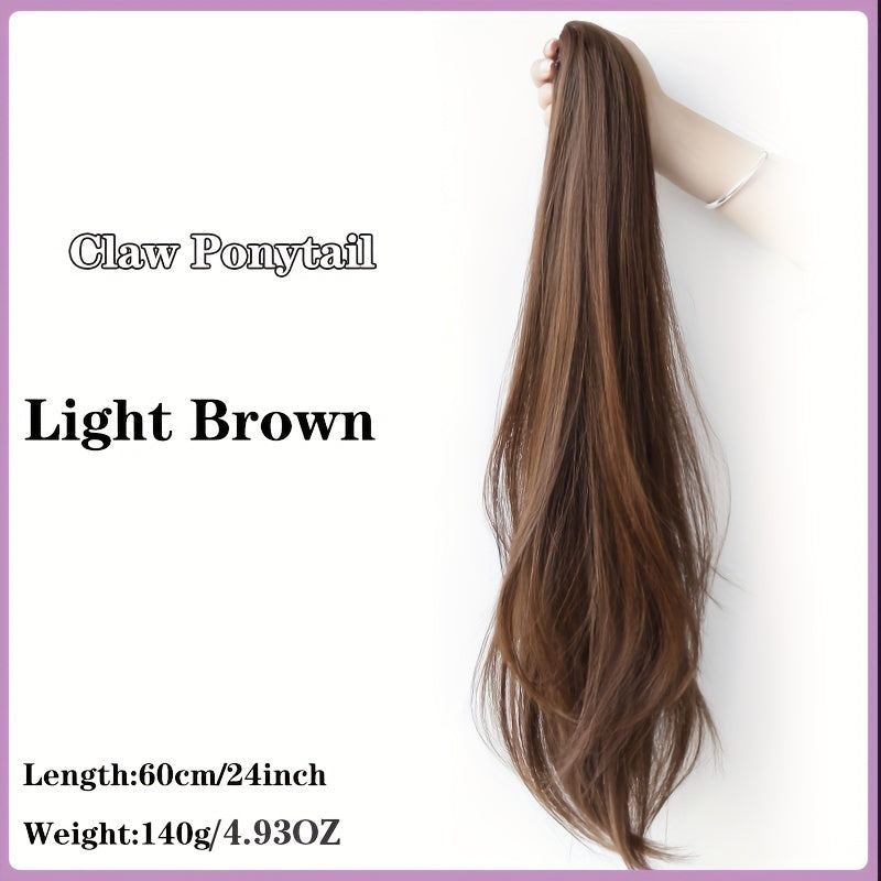 Black 23.62inch Clip-On Ponytail Hair Extension Wig for Women, Featuring a Long Straight Hairpiece