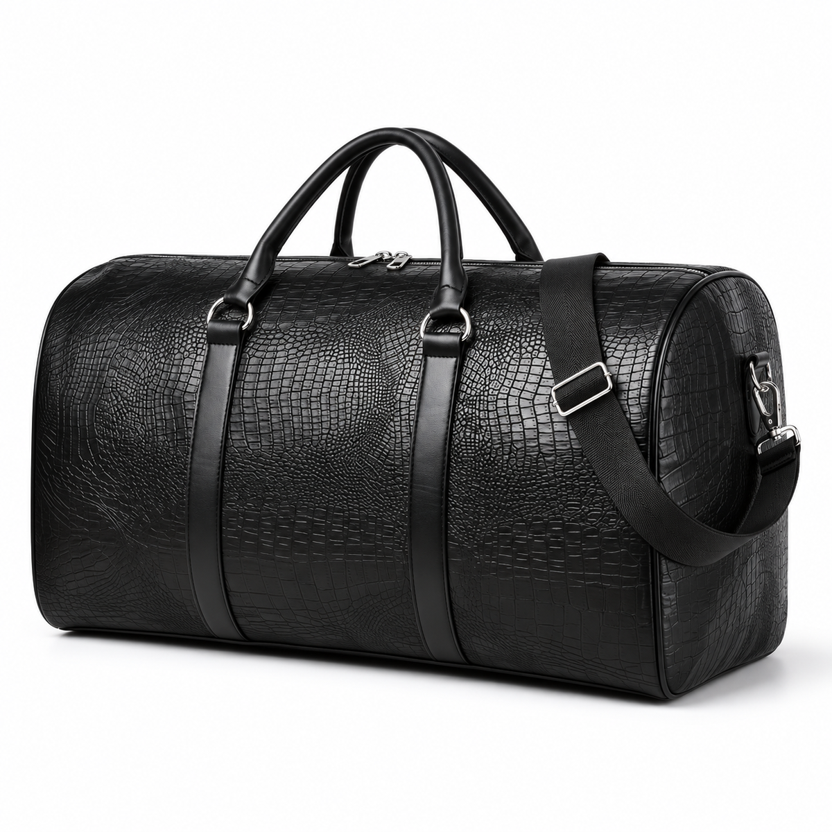 Black Crocodile Pattern Overnight Duffel Bag