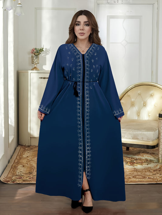 Ramadan 2025 Muslim Women's Open Cardigan Middle Eastern Robe Loose Floor-Length Diamond Studded Long Abaya with Zipper