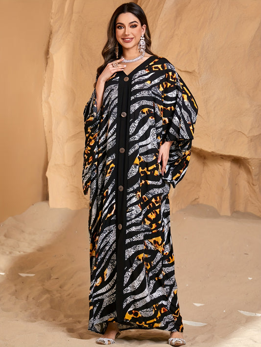 EDOLYNSA Elegant Long-Sleeve Leopard Print Ethnic Style Open-Front Dress in Light Gray, Middle Eastern Fashion Loose Vacation Kaftan Cover-Up Q1827