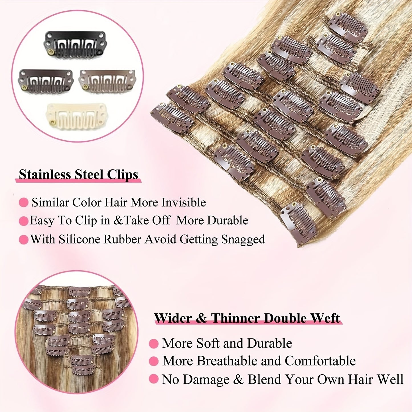 Clip In Hair Extensions Real Human Hair, Seamless Clip InsReal Human Hair for Women, Remy Human Hair Clip InExtensions, Double Weft 8pcs 14-24 Inch Light BlondeHighlighted Golden Blonde