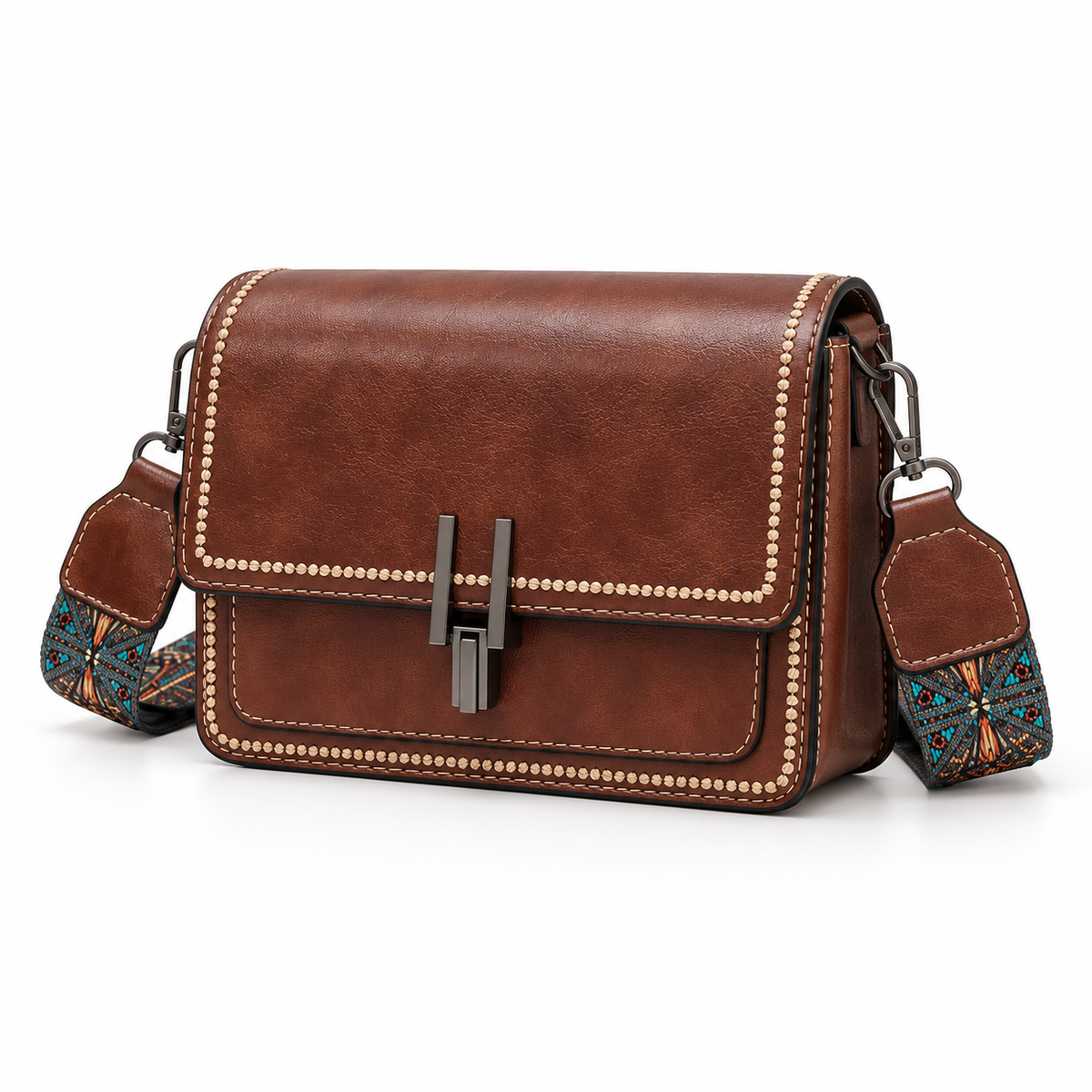 Vintage Brown Patterned Strap Crossbody Bag