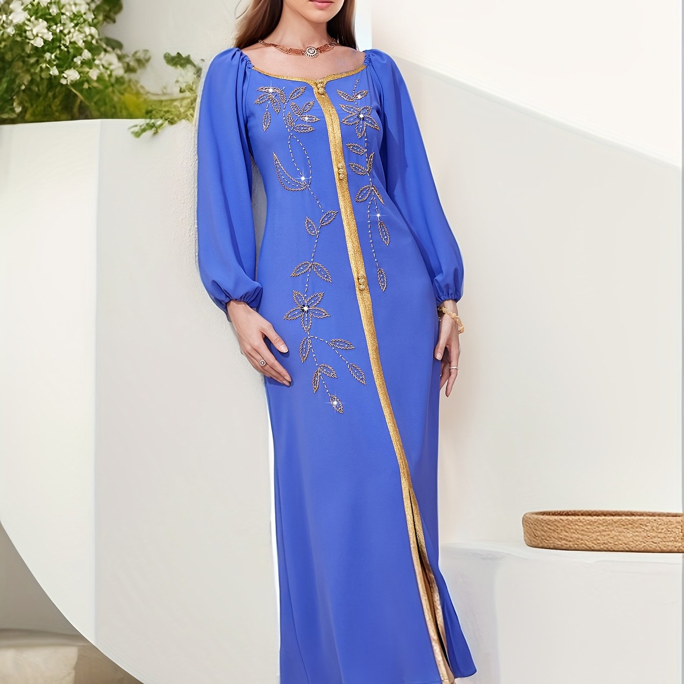 Elegant Long Sleeve Polyester Dress with Lantern Sleeves, Solid Color, Tie Back, and Belted Waist Palestinian Abaya