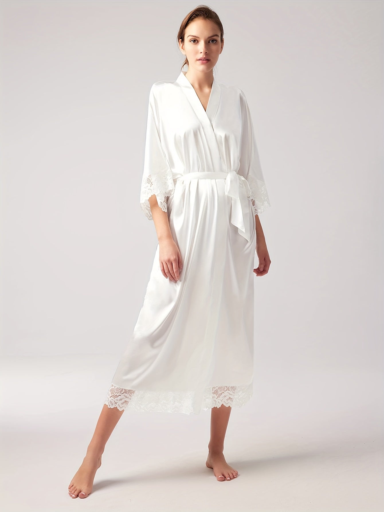 Satin Kimono Robe Long Bridesmaid Wedding Bath Robe With Lace Trim