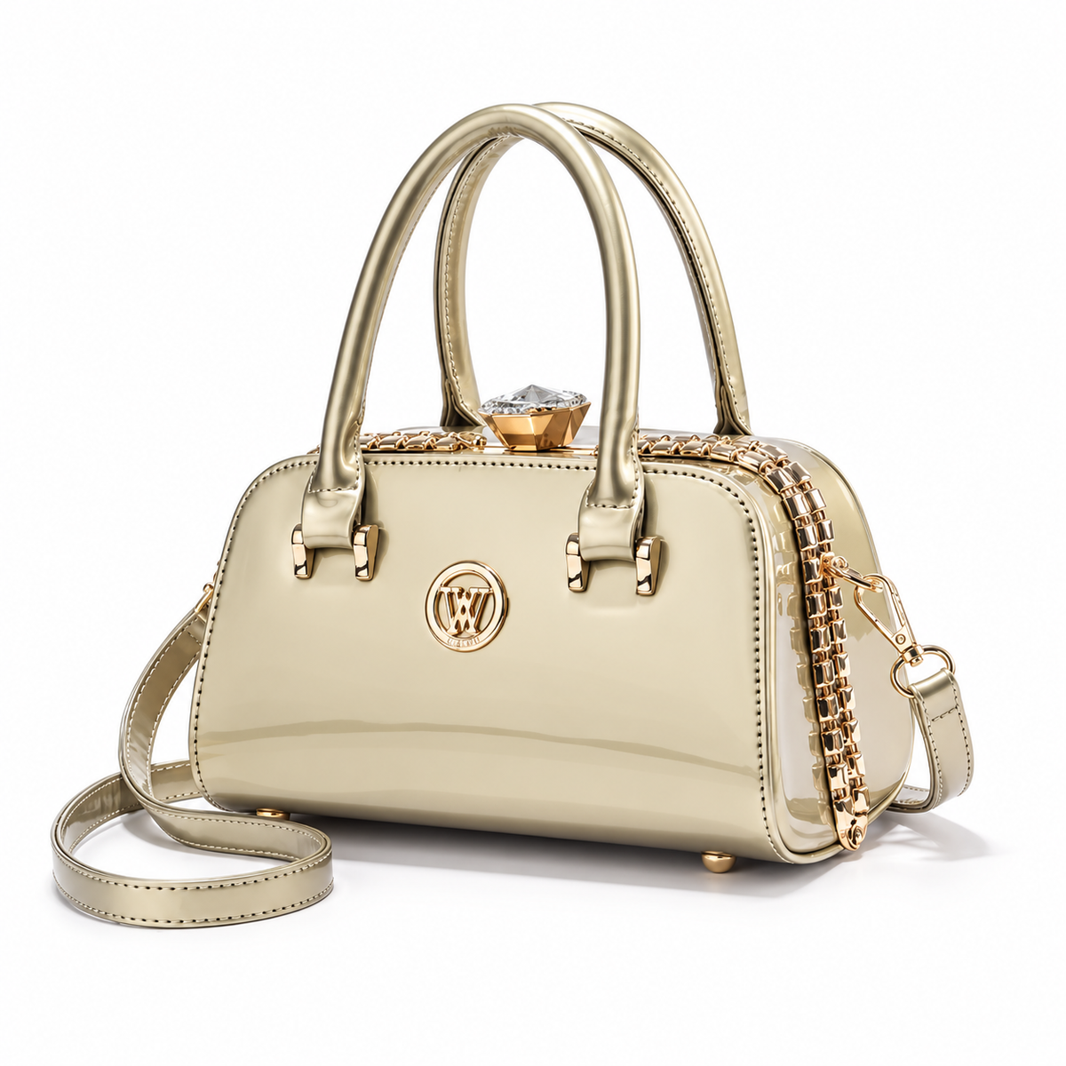 Champagne Gold Handbag With Crystal Clasp