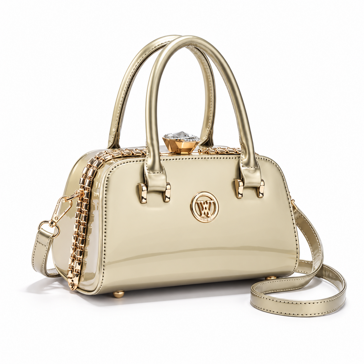 Champagne Gold Handbag With Crystal Clasp