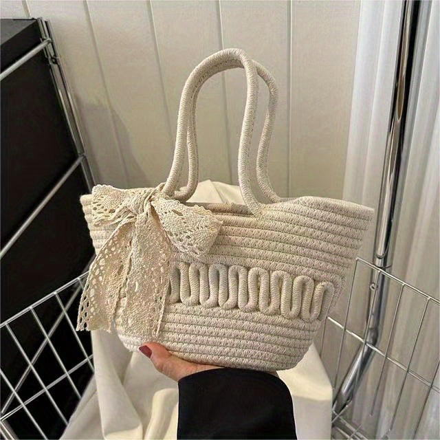 Handbag Women's Straw Basket Handmade Bag Holiday Picnic Spring Trip Photo Beach Bag Single Shoulder Woven Small Bag Elegant Lady