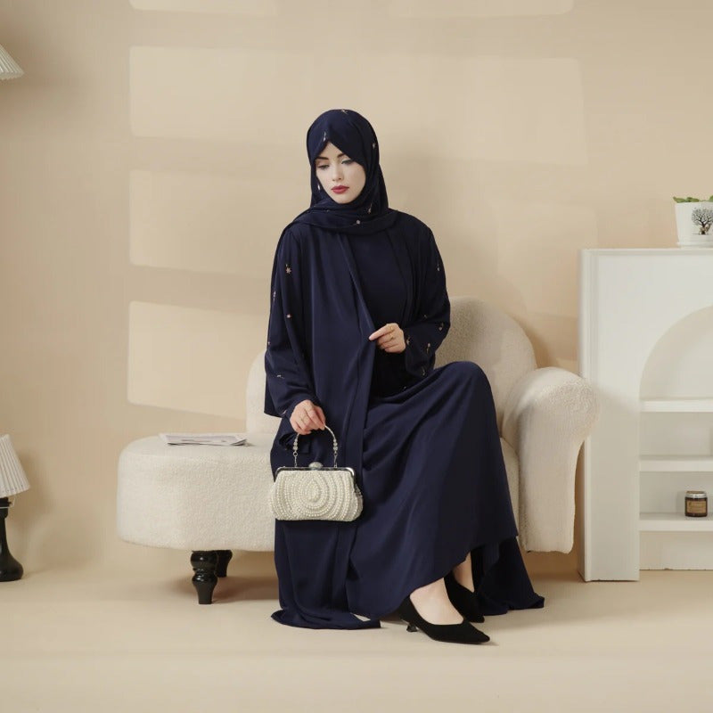 Tulip Embroidery Open Abaya 4pcs set: Includes open abaya, inner dress, matching belt, and hijab