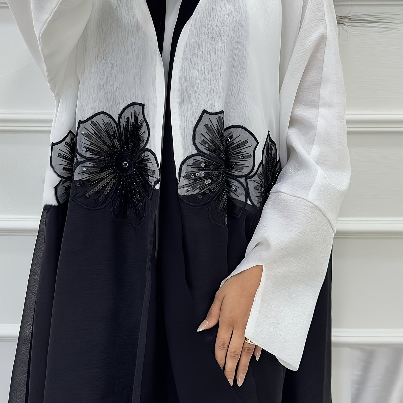 Elegant Modest Muslim Dubai Arabian Abaya Robe with Floral Embroidery - Long Sleeve Open Front, Solid Color, All-Season Wear, No Headscarf, Hand Wash or Dry Clean, Muslim Dress