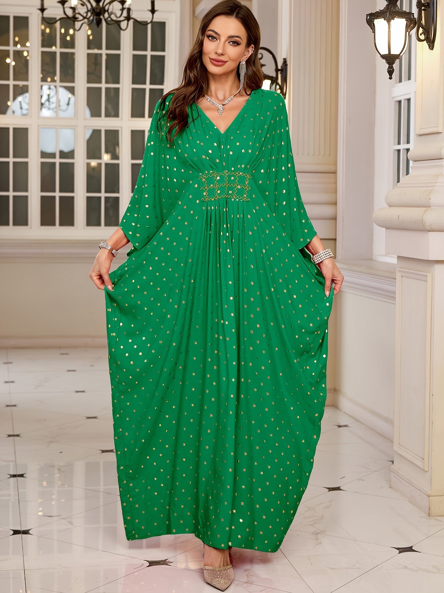 EDOLYNSA V-Neck Elegant Green Waist-Cinched Side-Draped Polka Dot Long Batwing Sleeve Dress, Middle Eastern Fashion Loose Cover-Up Kaftan Robe Q1804