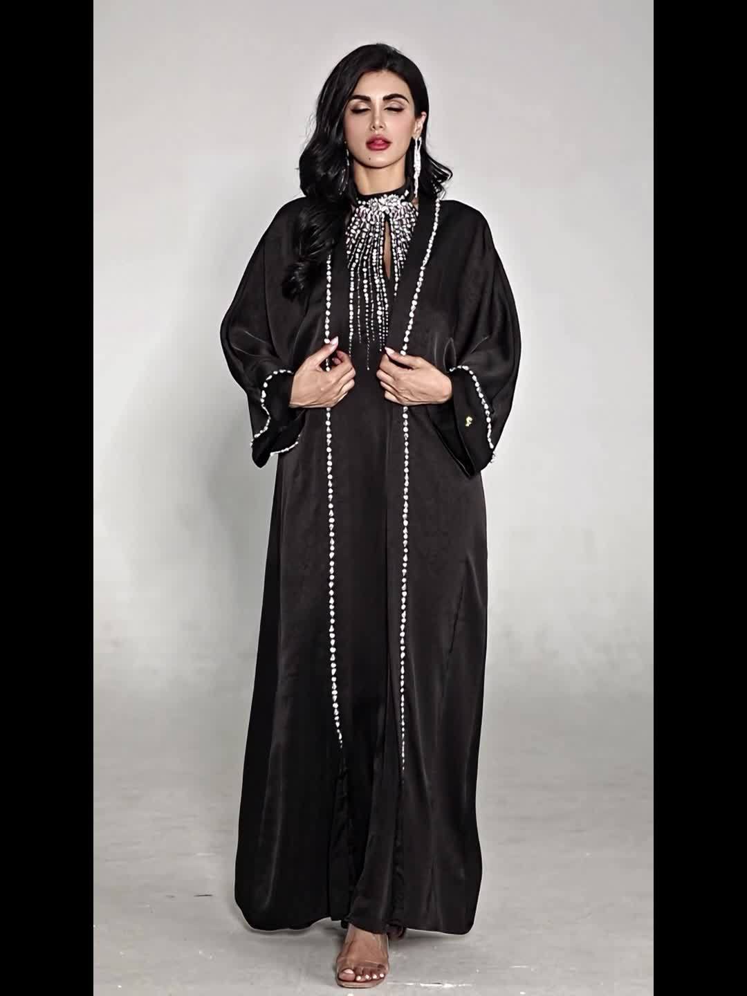 Arabian Style Black Abaya Two-Piece Set! with Rhinestone Embellishments, Luxurious and Elegant
