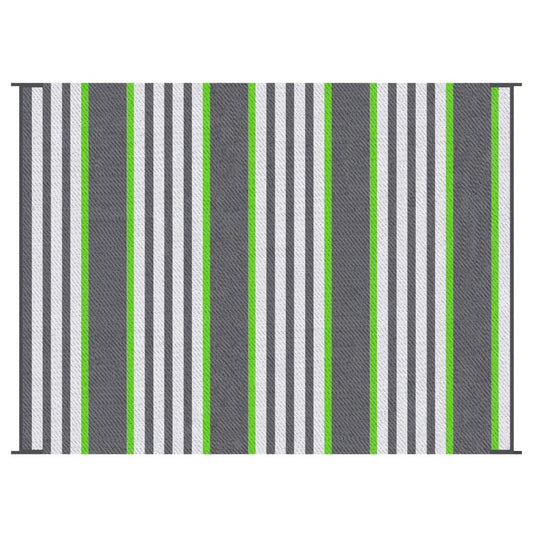 9'x12' Reversible Waterproof Outdoor Medium Rug - Durable Plastic Straw Portable RV Camping Mat with Carry Bag, Green & Gray Striped Floor Carpet for Backyard, Deck, Beach