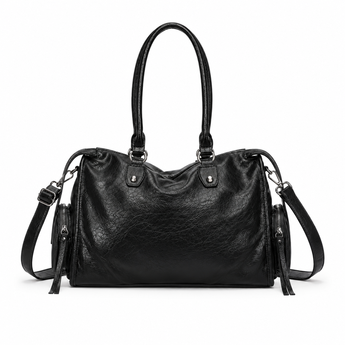 Vintage Black Leather Multi-Pocket Shoulder Handbag