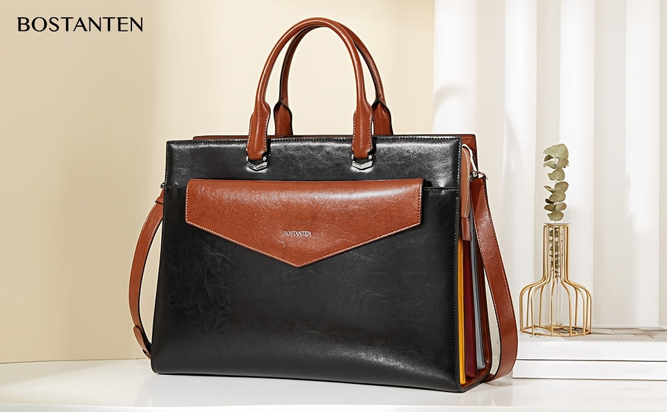 Women's Professional Leather Briefcase Tote Bag for 15.6 Inch Laptop - Work Handbag with Adjustable Shoulder Strap, Button Closure & Contrast Stitching