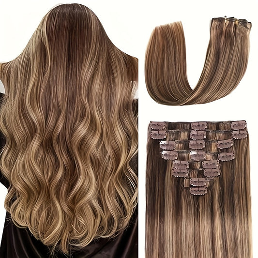 Human Hair Clip-In Extensions in Medium Brown to Caramel Blonde, Featuring Natural Straight Strands. This Set Includes 8pcs with Color 4/27, Designed for Women. These Weft Extensions Are Suitable for Everyday Use And Come in