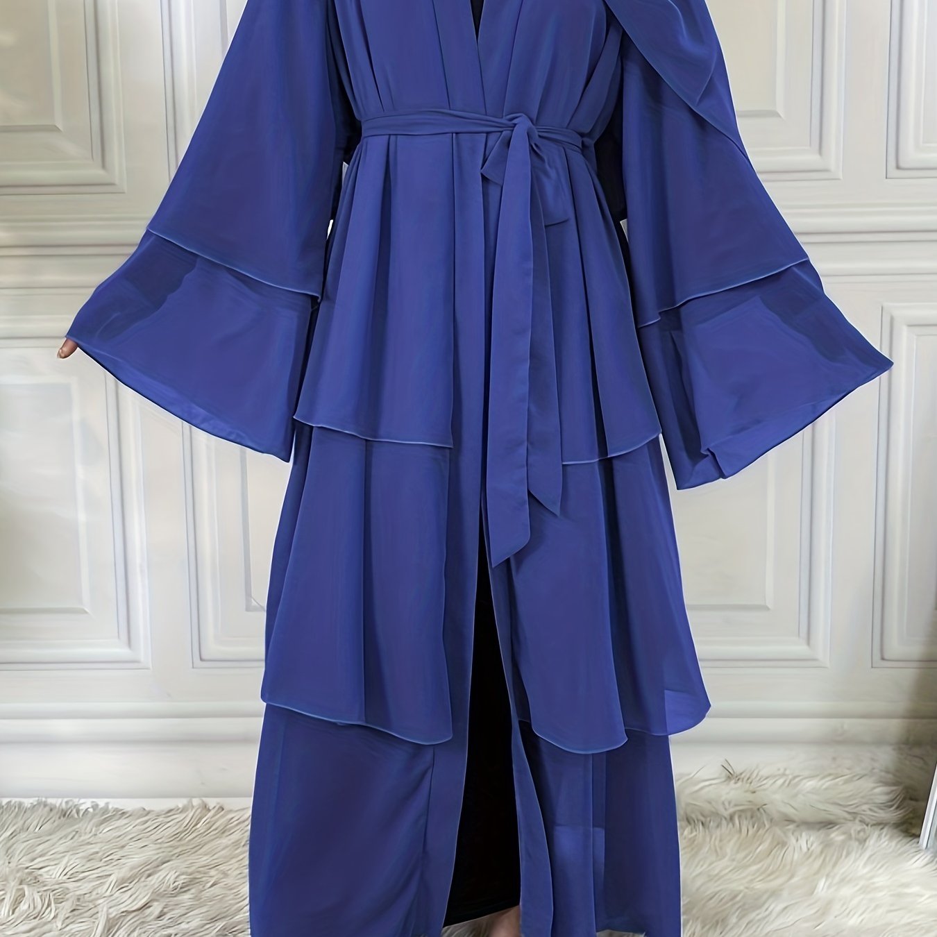 Ramadan Layered Open Front Modest Pakistani Abaya, Long Sleeve Muslim Dress With Belted, Without Hijab, Women's Clothing
