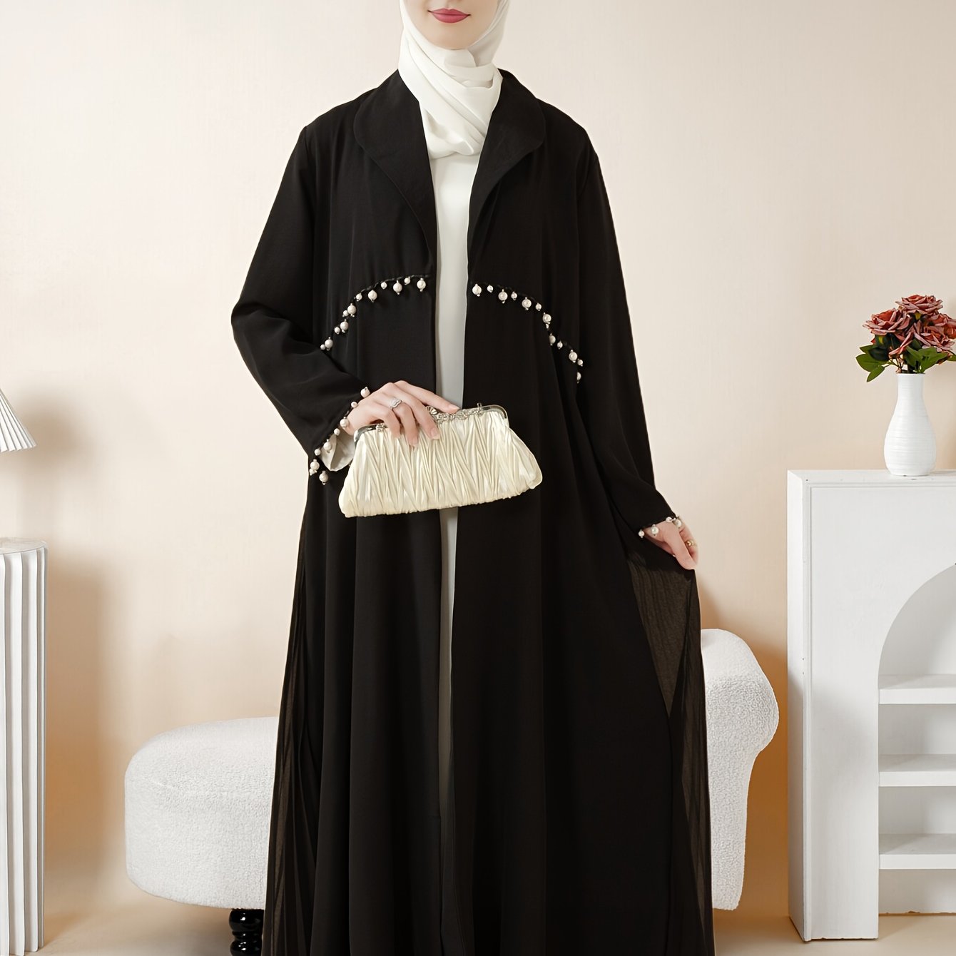 Elegant Pearl-Embellished Black Emirati Abaya with Ruched Detail - Long Sleeve, Floor-Length, Summer Wear for Women, Versatile Fashion|Ruched Abaya|Pearl Embellishments