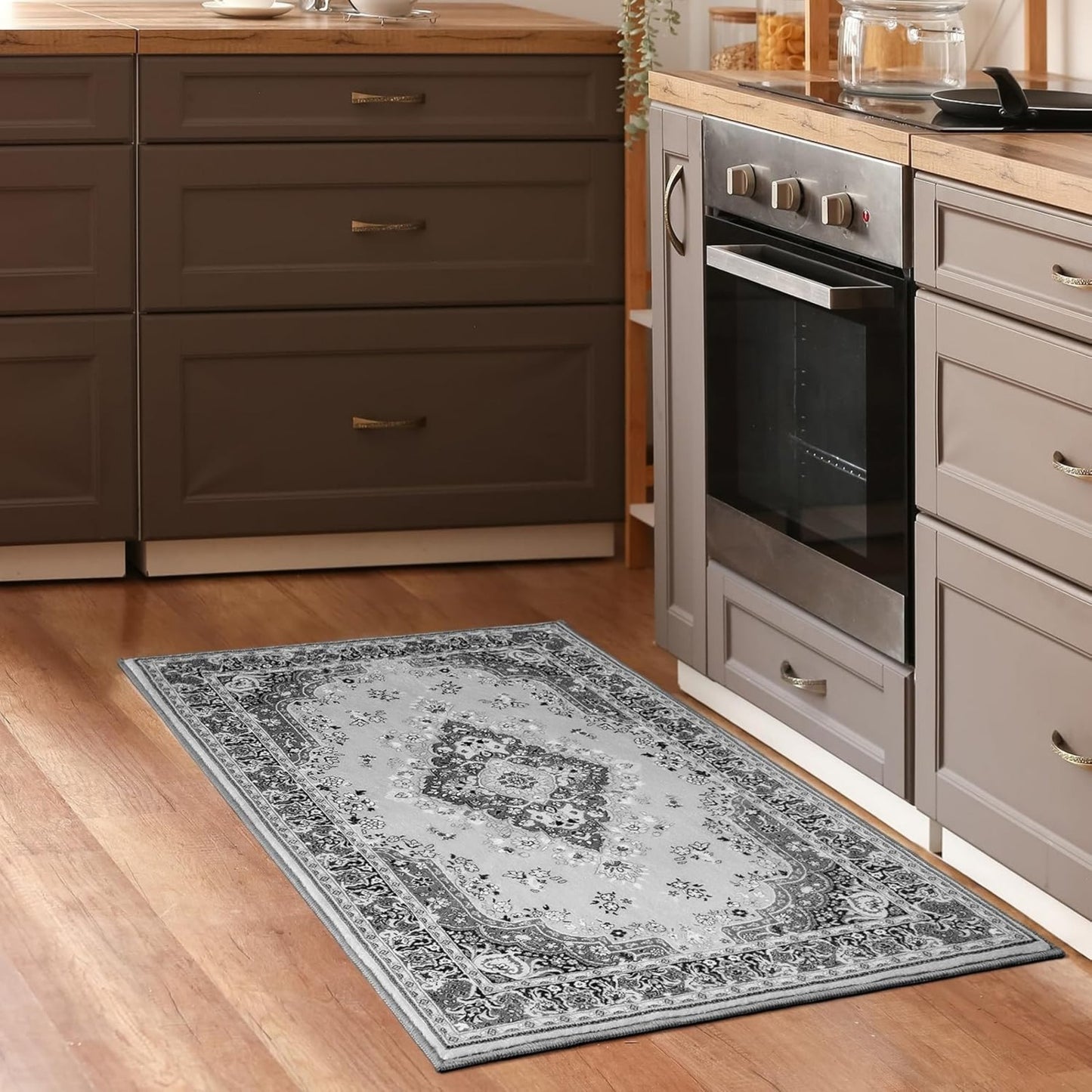 [Vintage Rug] 5x8 Vintage Rug | Black Floral Faux Wool Non Slip Washable Low Pile Indoor Doormat for Bedroom, Entryway, Kitchen, Bedside