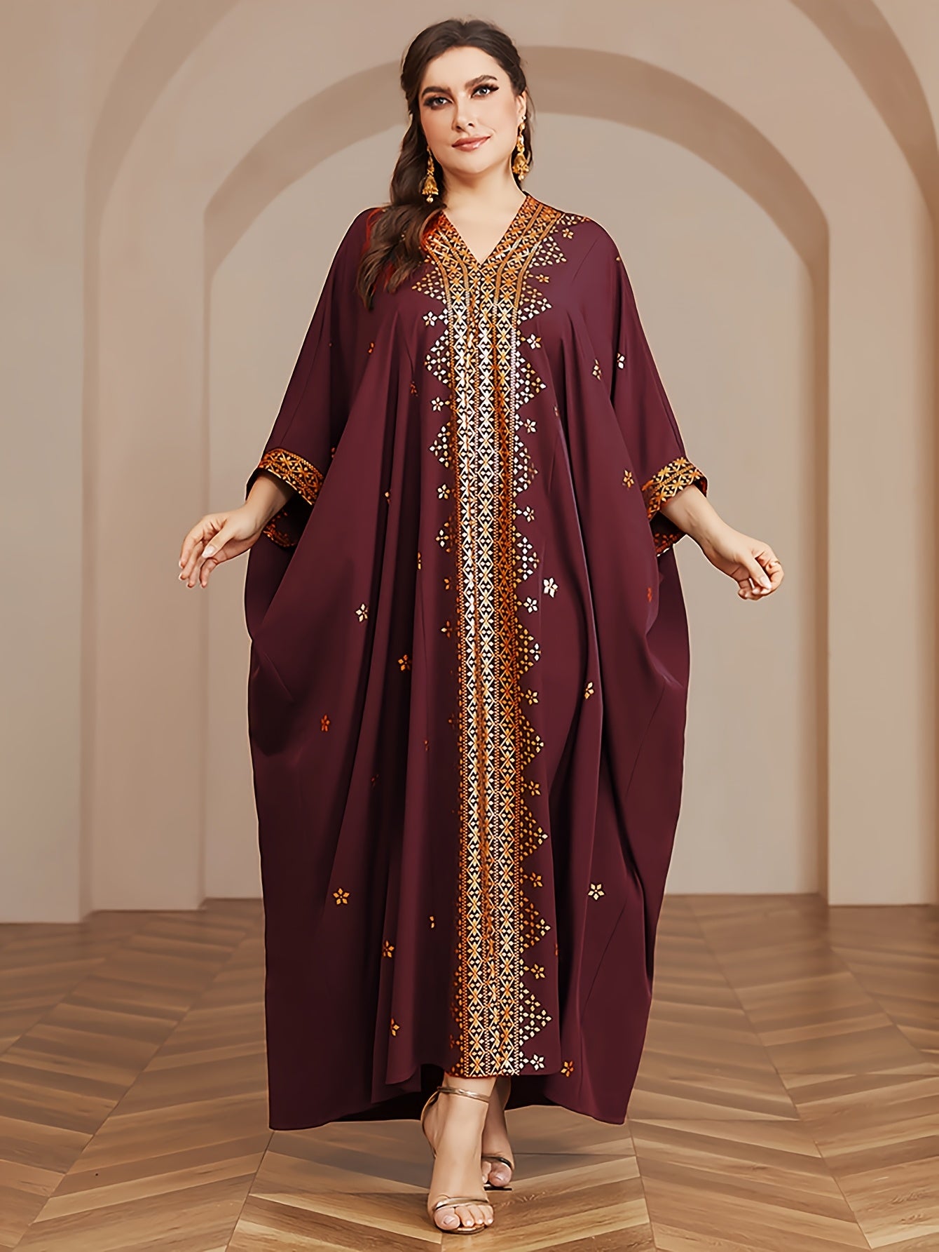 Polyester Long Kaftan | V-Neck Tribal Pattern Woven Non-Stretch, Middle East Golden Tassel, Batwing Sleeve Abaya, Plus Size, All Season
