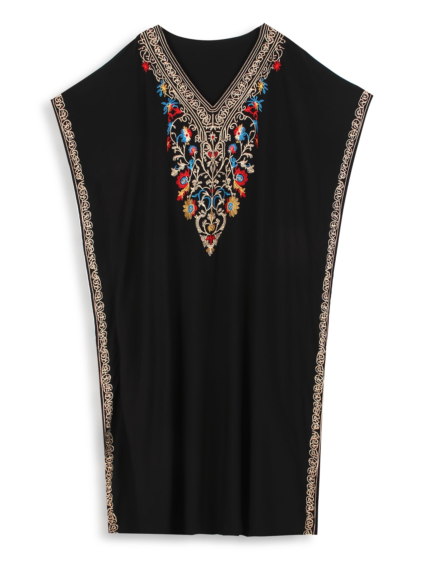 EDOLYNSA Ramadan Flowy Kaftan Gown with a V-Neck, Featuring Vibrant, Batwing Sleeves, Side Slits, And a Chic Design, Perfect for Large Sizes As a Resort Robe Or a Casual And Comfy Beach Cover-Up for Bikinis, Model Q1761.
