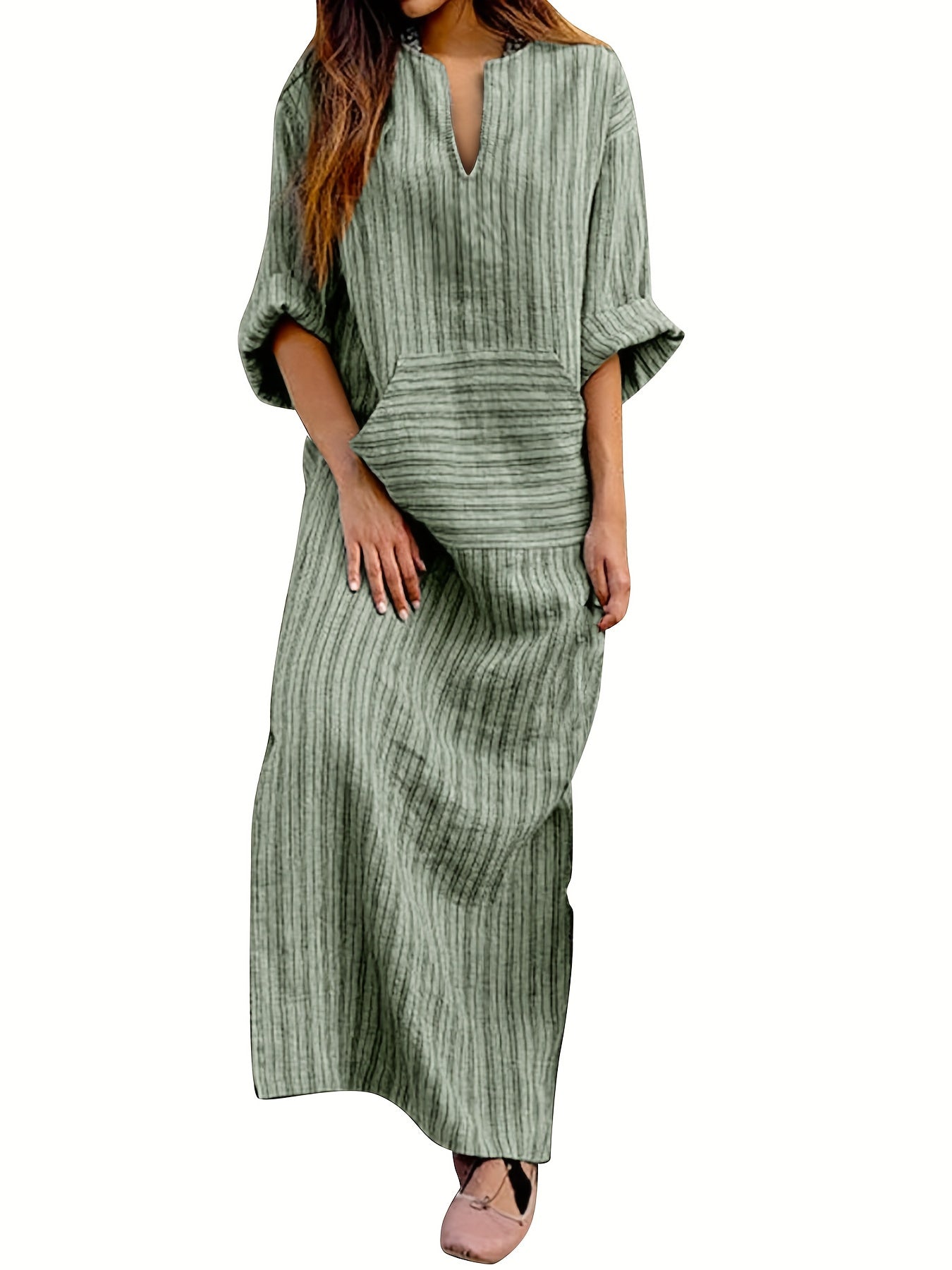 Women's Loose Dresses Striped V Neck Caftans 3/4 Sleeve Casual Loose Maxi Beach Dress with Pockets