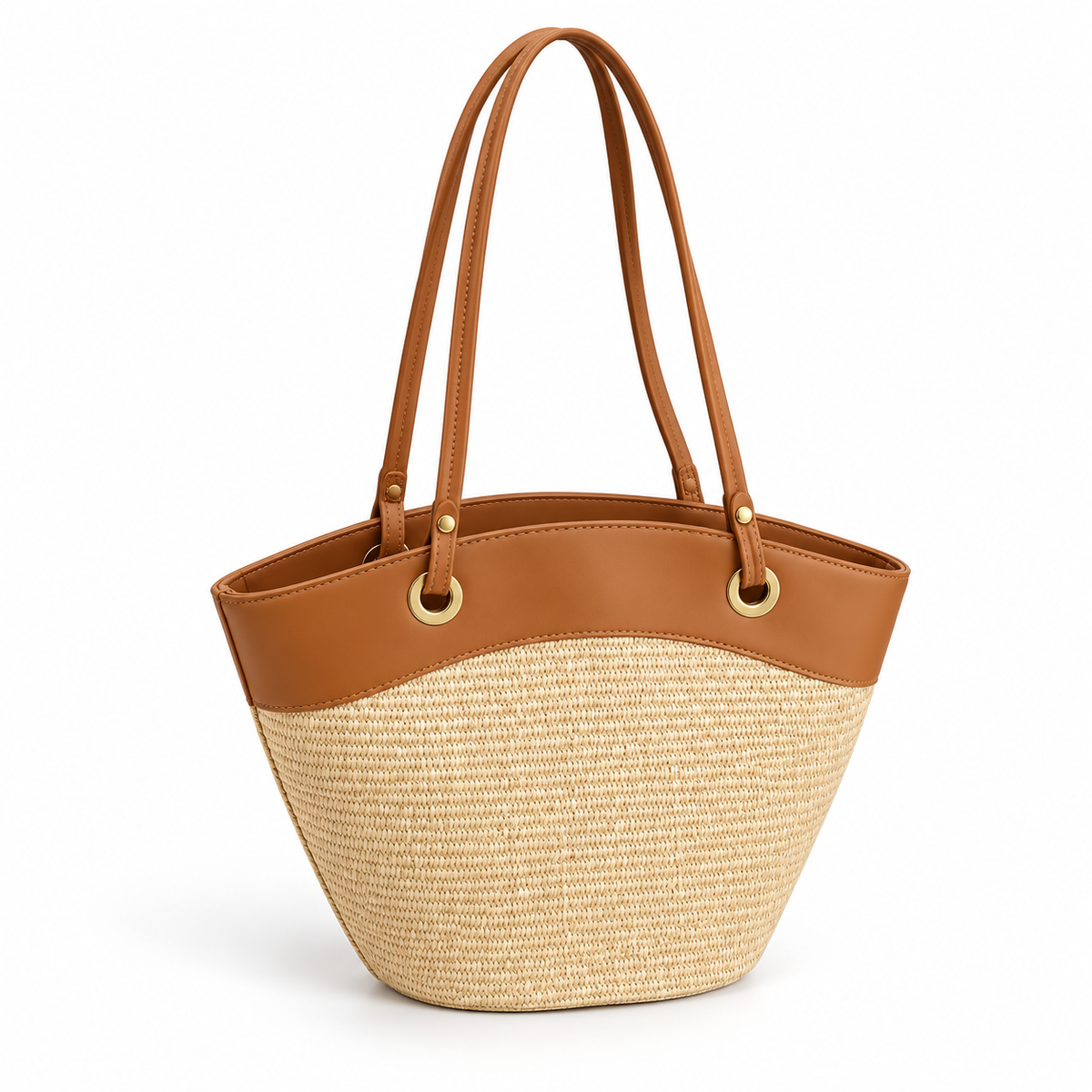 Beige Woven Tote With Brown Trim