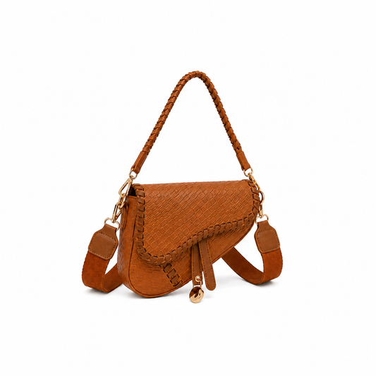 Cognac Woven Leather Braided Saddle Bag