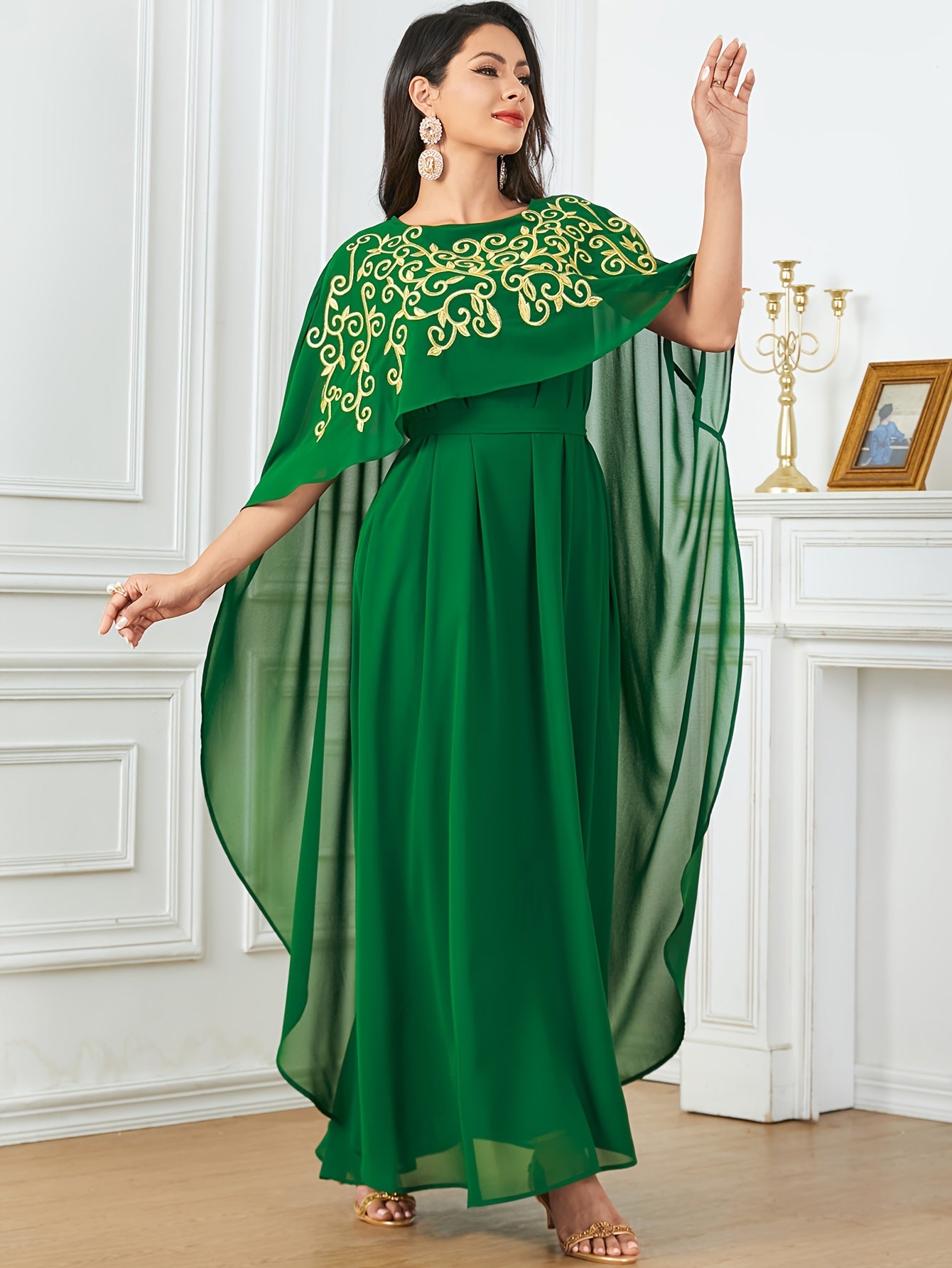 Stylish Long Cape with Lace Edge and Embroidery, Two-piece Set, Robe with Waistband and Body-hugging Abaya Dress