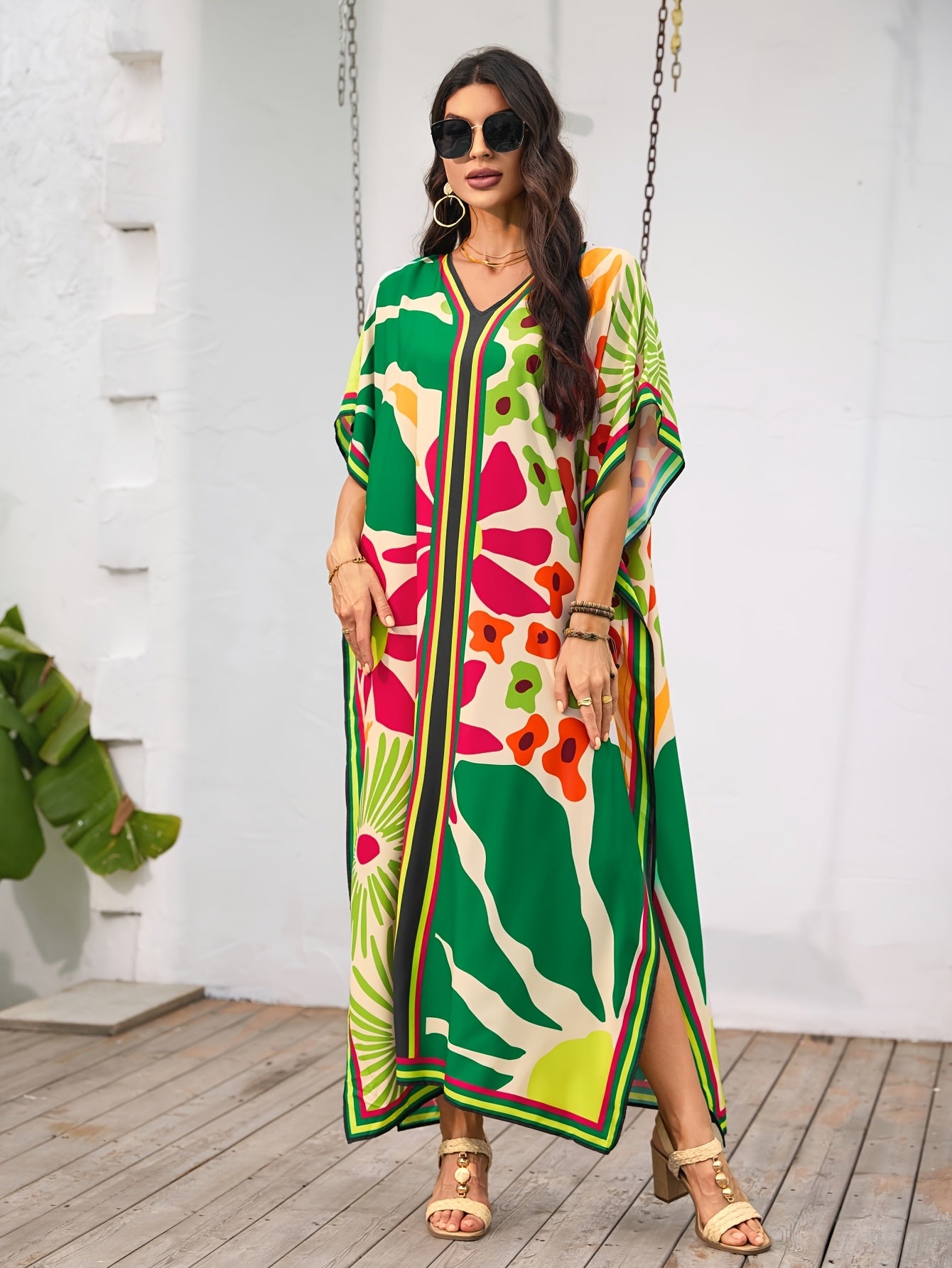 [Viscose Kaftan Dress, Boho Style] 1pc Viscose Kaftan Dress - Floral Print Casual Midi Loose Fit Beach Boho Style with Short Sleeves for Summer Resort Wear