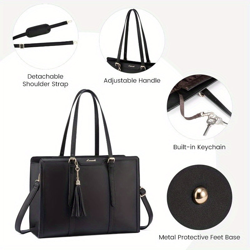 Laptop Bag for Women 15.6 inch Lightweight PU Laptop Tote Bag Large Capacity Computer bag with Clutch Purse for Business Work Office Travel School Casual Black and Faux Leather