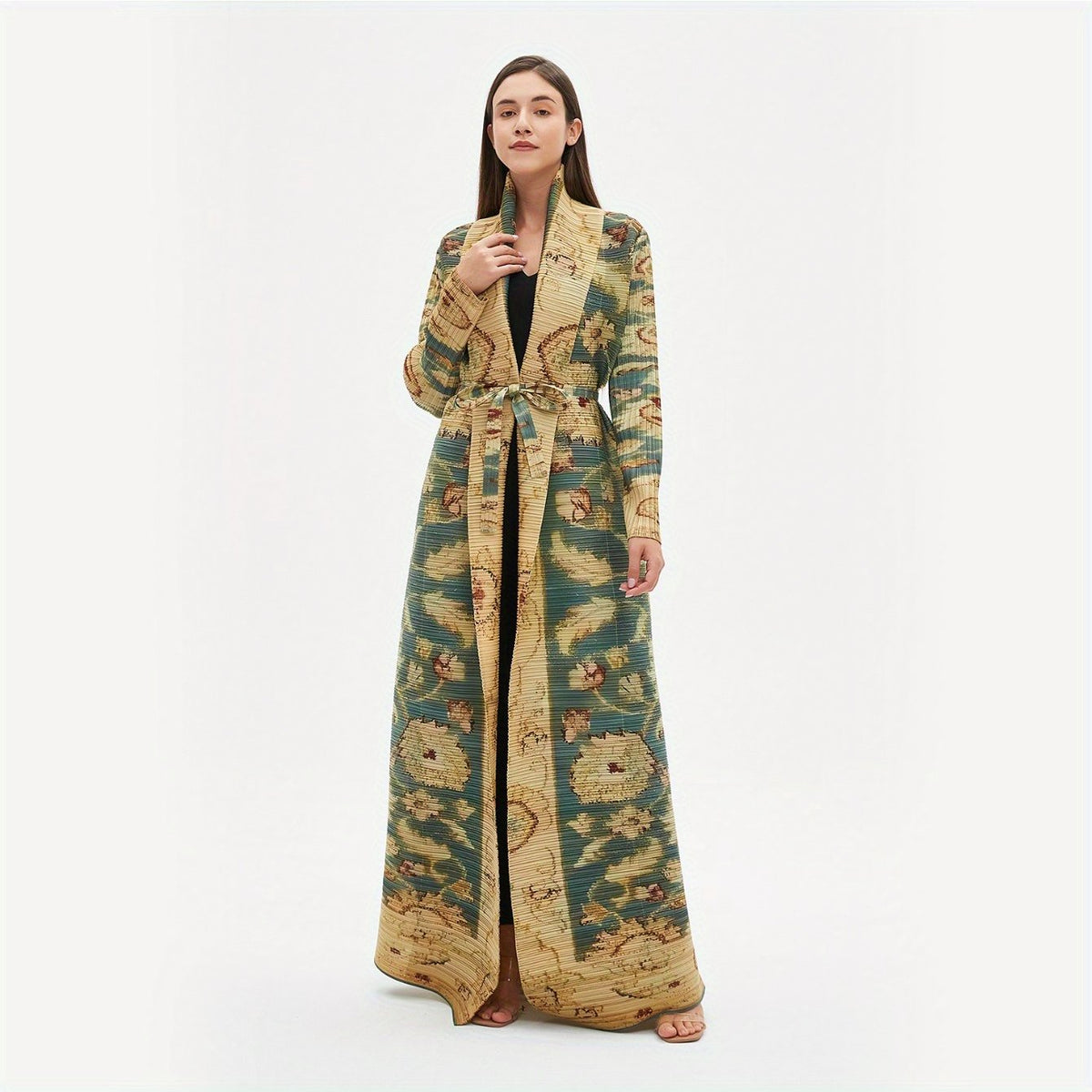 Women's Plus-Size Long Robe - Vintage Geometric Print High Elasticity Robe Abaya with Adjustable Waist Tie Belt, Loose Fit Casual & Festive Wear, Machine Washable All-Season Traditional Robe