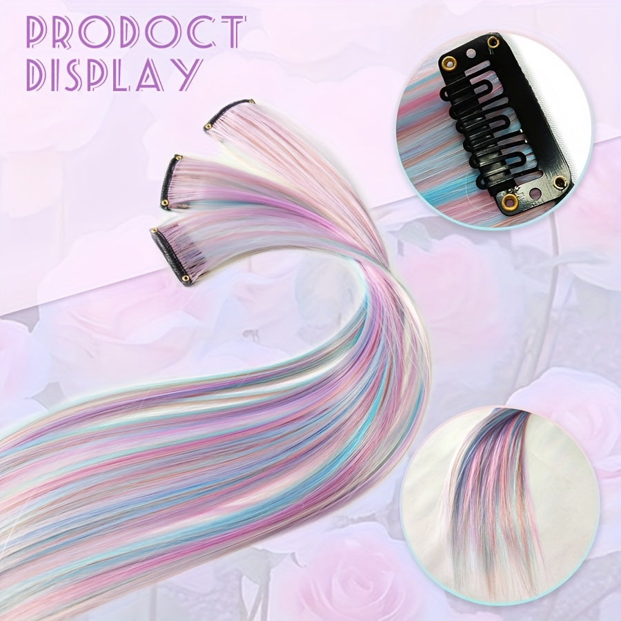 12pcs Rainbow Clip-In Hair Extensions - Vibrant Pastel Colors (Pink, Green, Yellow, Purple, Orange, Red, Brown, ) - Heat-Resistant Synthetic, Easy Application & Damage-Free Styling - Perfect for Parties, Photo Shoots, Festiva