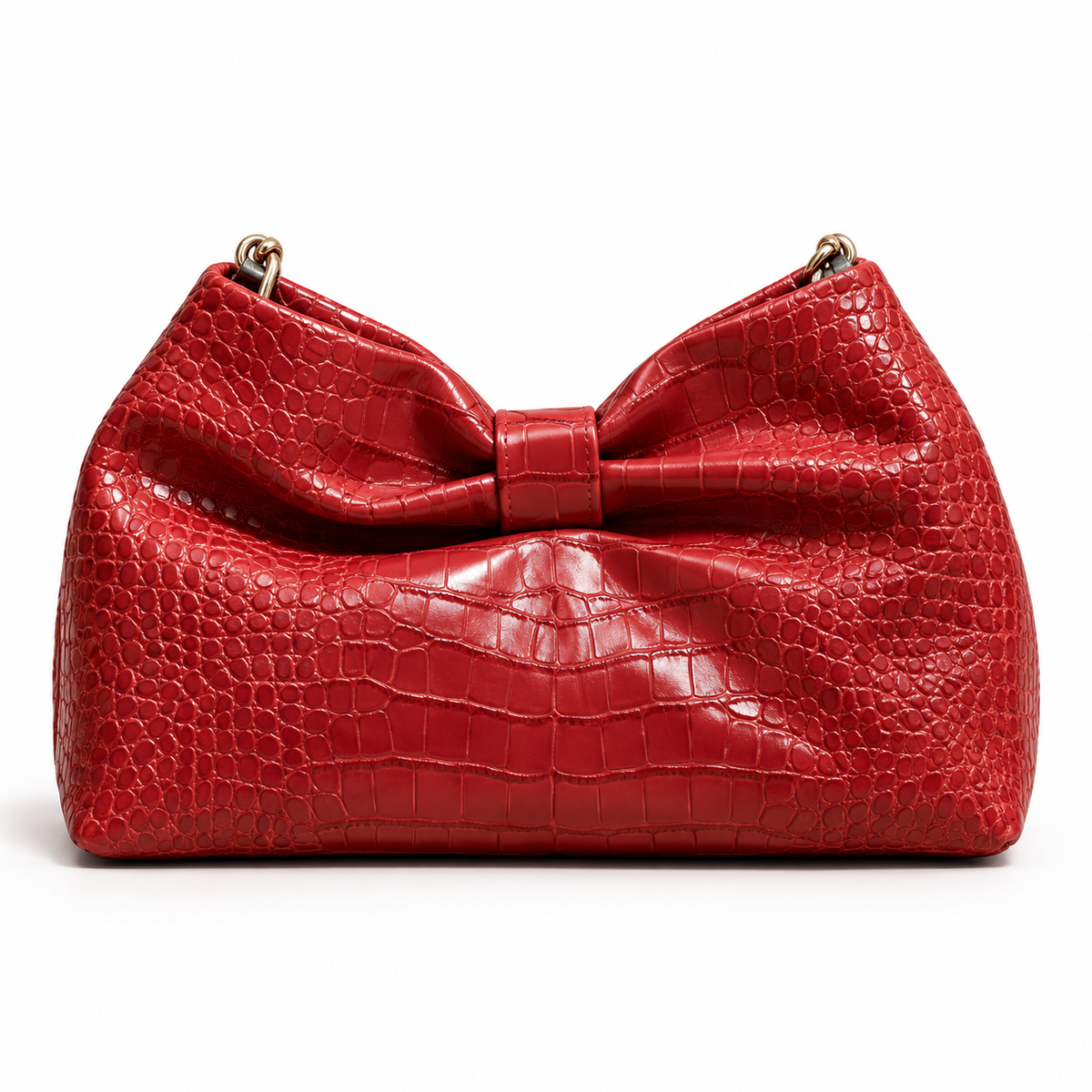 Elegant Red Crocodile Embossed Bow Crossbody Bag