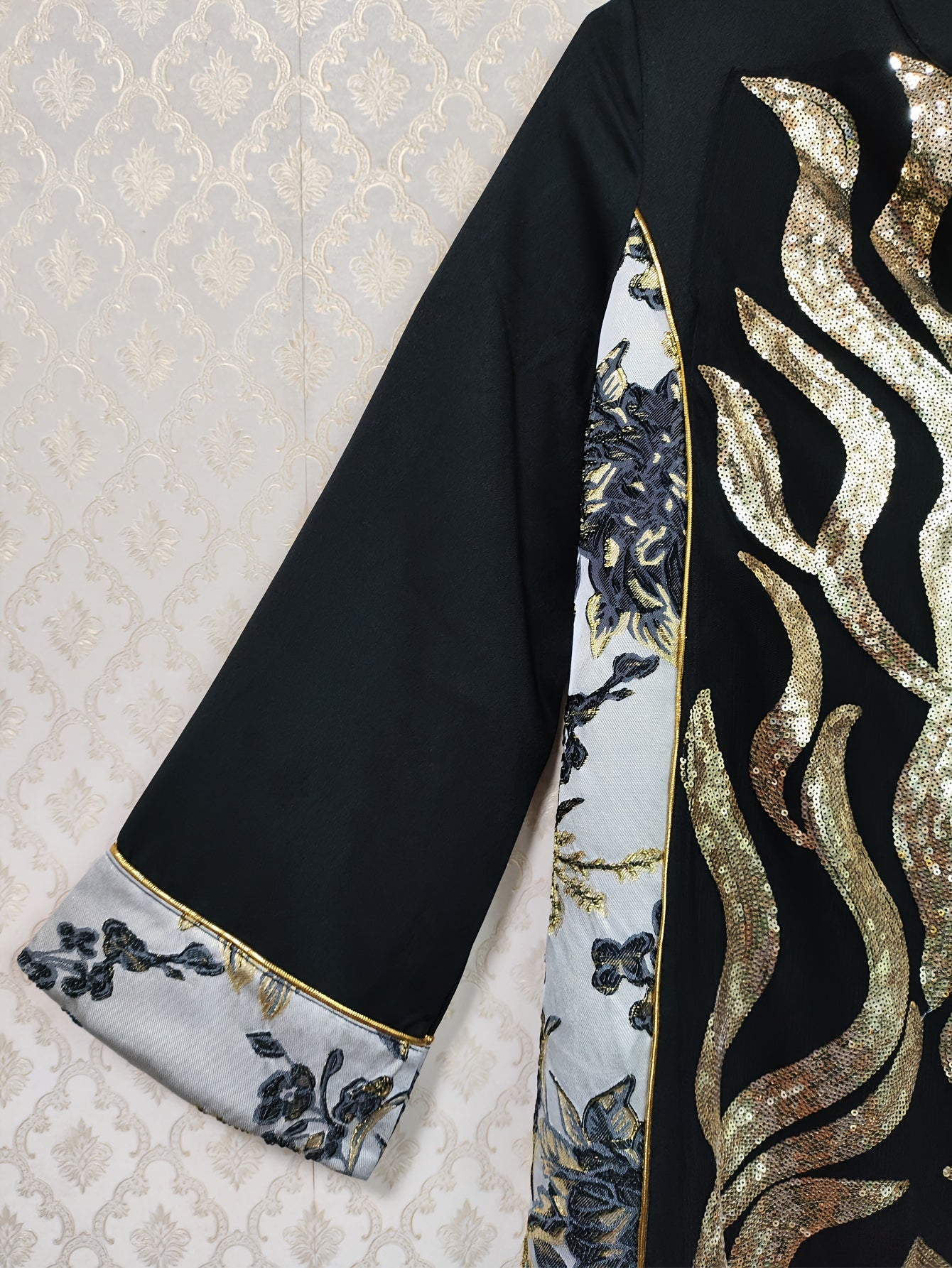 Polyester Long Sleeve A-Line Modern Abaya, Color Block Pattern, Contrast Sequin Design, Non-Stretch Fabric, Woven, 130g/m², with Asymmetrical Hem, for Muslim Women
