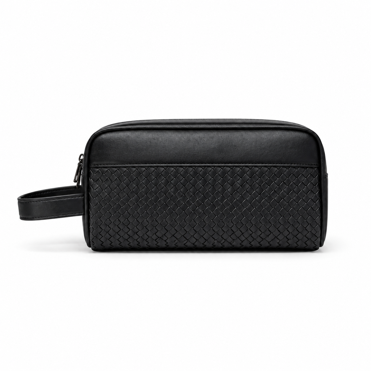 Black Woven Leather Toiletry Bag with Wrist Strap
