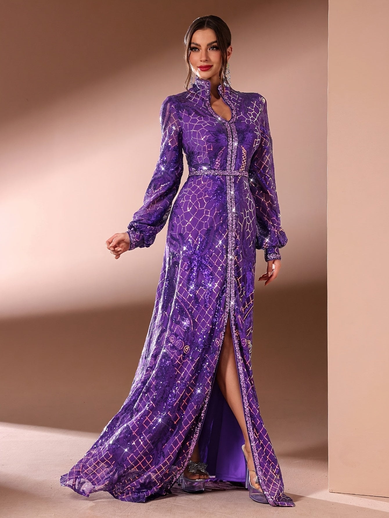 Elegant Women's Long Arabian Abaya Gown - V-Neck with Sequin Detail, Long Sleeves, High-Low Hem, Zipper Closure, Perfect for Formal Events, Birthdays, and Banquets, Banquet Attire, Striped Texture, Intricate Design