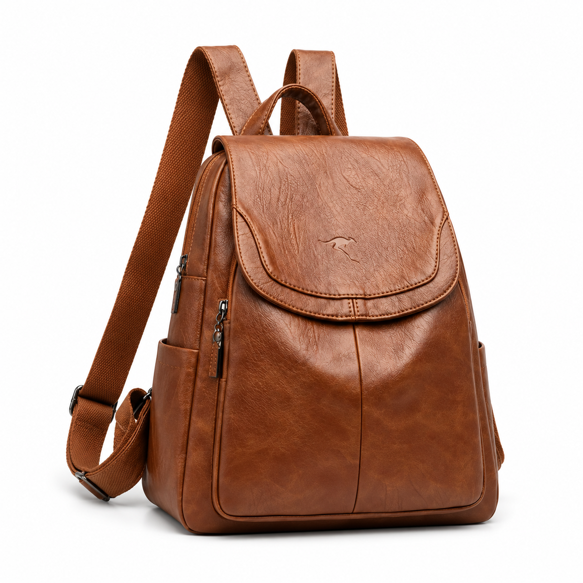 Brown Textured Flap Backpack With Pockets