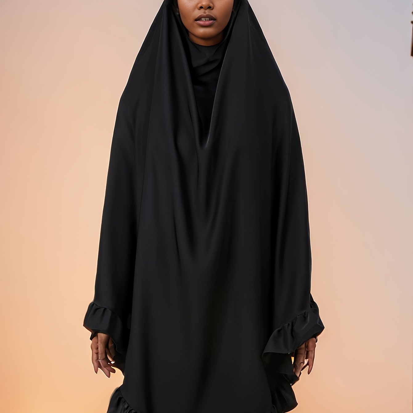 1pc Muslim Prayer Khimar Abaya Burqa - Arabian Style Modest Covering with Ruffled Hem & Wooden Edge, Machine Washable All-Season Solid Color Brown Hijab Scarf, Prayer Shawl for Women