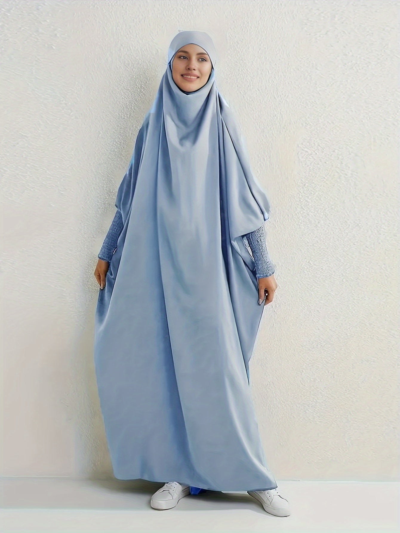 Elegant Light Pink Modesty Dress with Hijab - Women's Long Sleeve Jibab Abaya, Maxi Prayer Dress, Polyester, Non-Stretch Fabric, Machine Washable