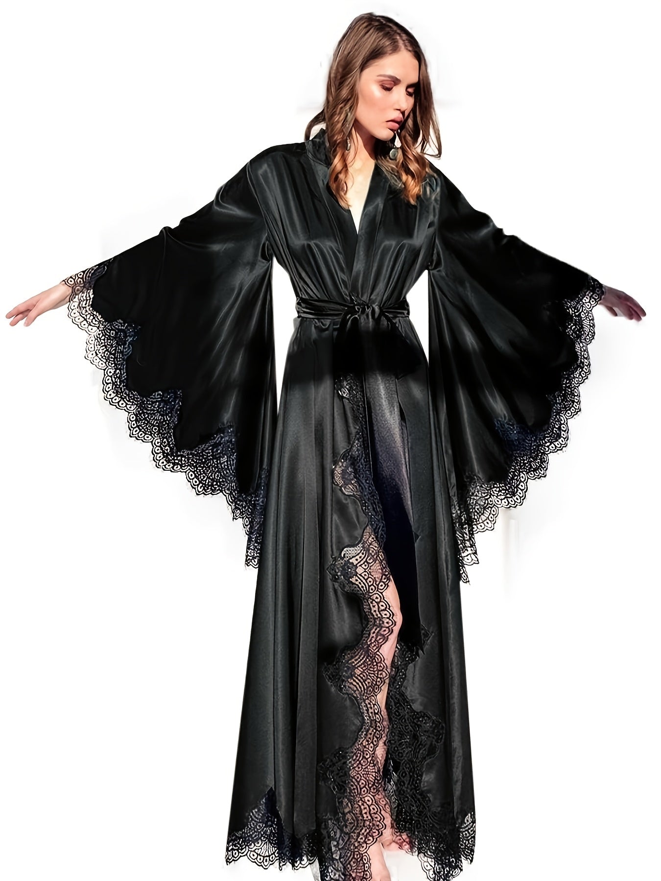 Women's Black Satin Robe - Elegant Long Lace Kimono, Lightweight Bridal Sleepwear for Wedding Day, Polyester, Contrast Lace Detail, Bride Lingerie