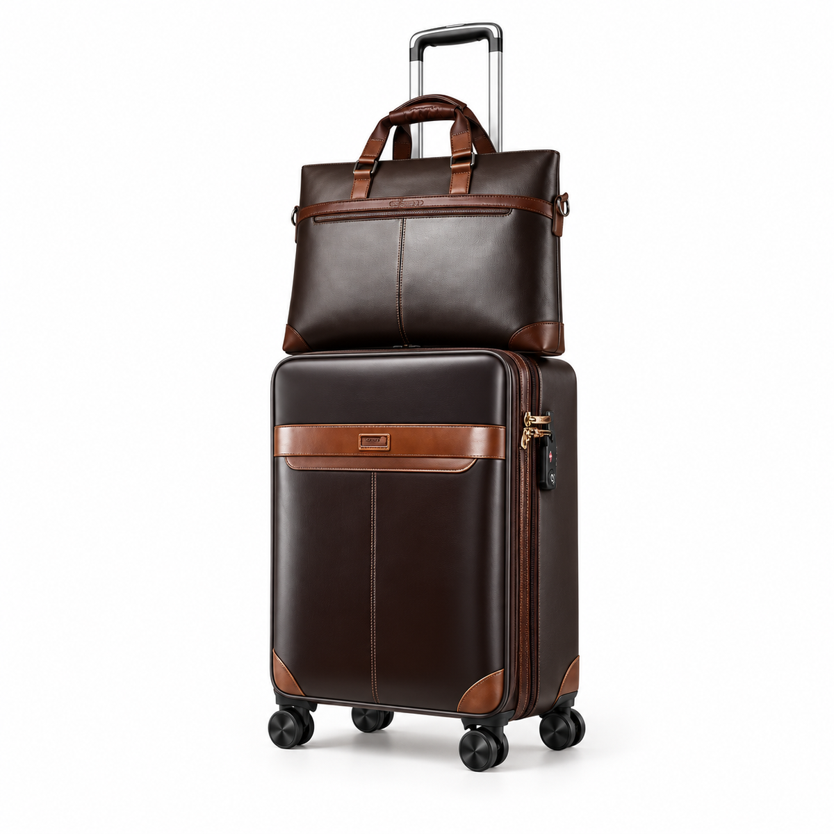 Brown Leather Trolley Luggage With Tote
