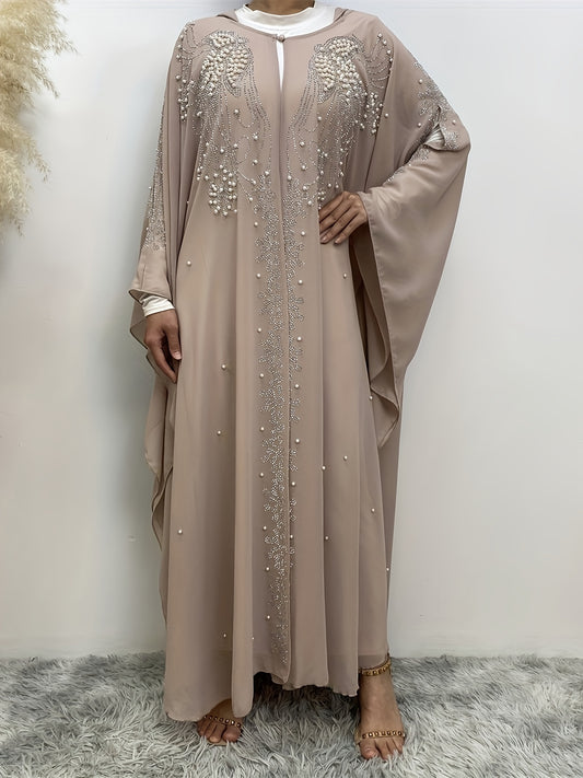 Luxury Chiffon Rhinestone-Embellished Hooded Muslim Kimono Abaya with Batwing Sleeves - Long Formal Party Gown, Machine Washable Elegant Modest Evening Dress for Spring/Summer