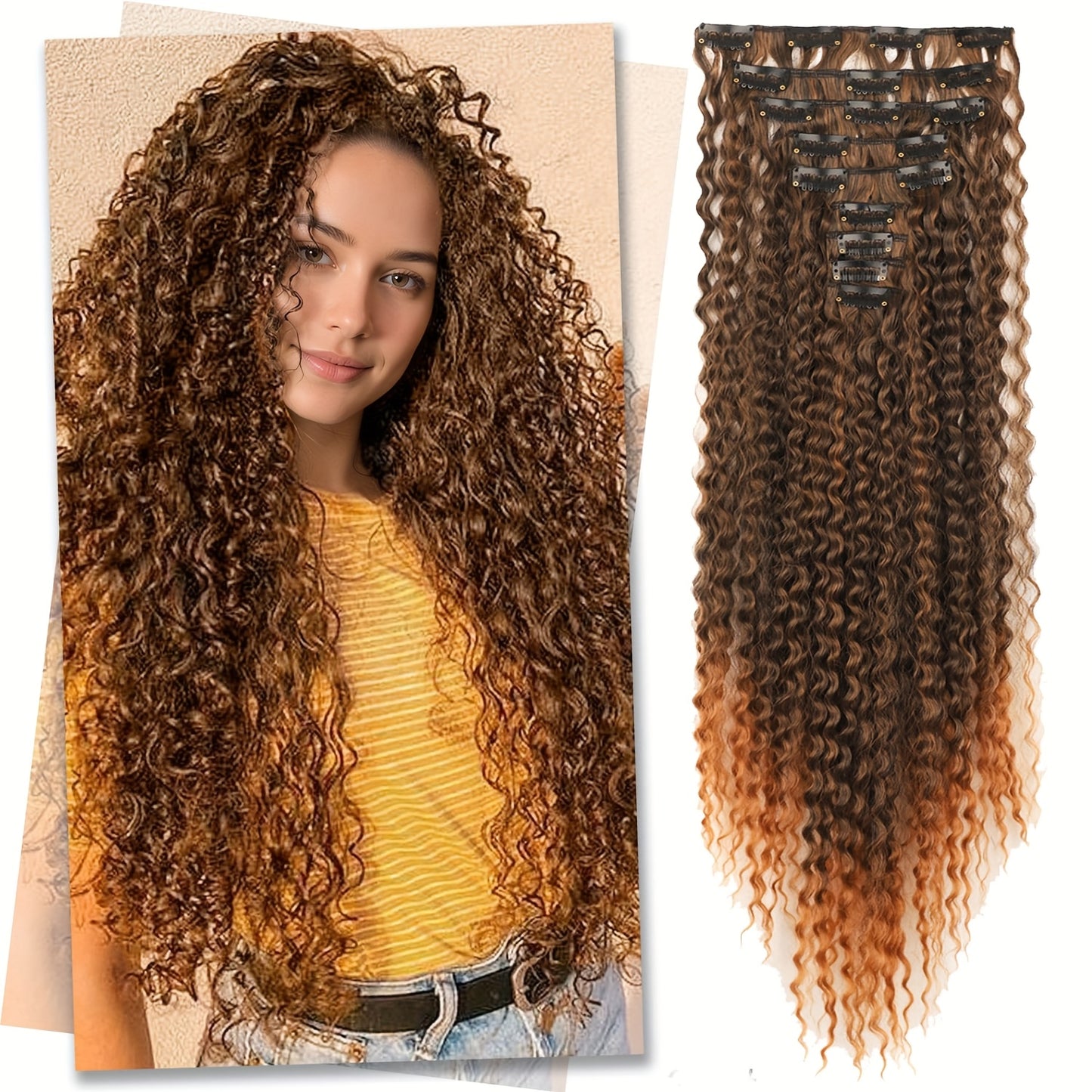 Clip In Curly Hair Extensions - 145G 9pcs Synthetic Ombre Honey Blonde Hair Extensions Jerry Curly Hair Extensions Women Clip Extensions Hairpieces Halloween Christmas Party